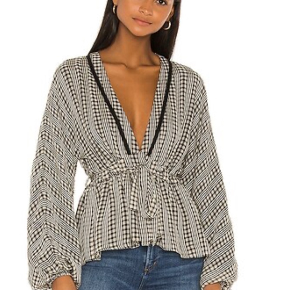 Tularosa Avani Blouse in Black and Cream Plaid V-Neck Blouse